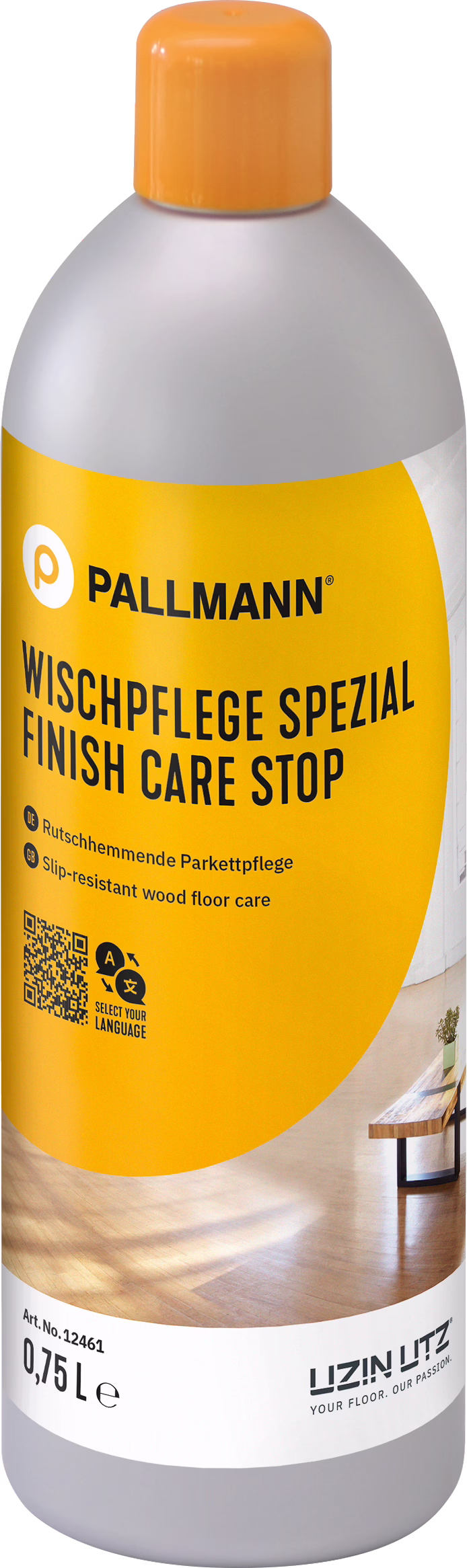 PALLMANN_dummy_FINISH-CARE-STOP_0,75l_msl_2023-05 Butelka z tworzywa Pallmann 'Finish Care Stop' — środek do pielęgnacji drewnianych podłóg o właściwościach antypoślizgowych, szaro‑żółta butelka z pomarańczową nakrętką, 0,75 l, z logo marki i etykietą produktu.