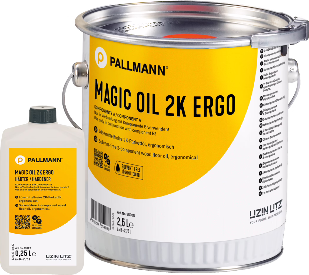 PALLMANN_dummy_Magic-Oil-2K-Ergo_2,75l_msl_2021-12 Zbliżenie dwóch opakowań oleju do podłóg Pallmann Magic Oil 2K Ergo: duży metalowy kanister 2,5 l z jaskrawym żółtym etykietą i metalowym uchwytem oraz mniejsza biała plastikowa butelka z czarną zakrętką opisana 'Utwardzacz / Składnik B'. Na etykiecie widoczne są marka 'PALLMANN', nazwa 'MAGIC OIL 2K ERGO', informacje 'bez rozpuszczalników' i '2-komponentowy', a także kod QR i kod kreskowy. Białe tło studyjne, produkt w centrum kadru.