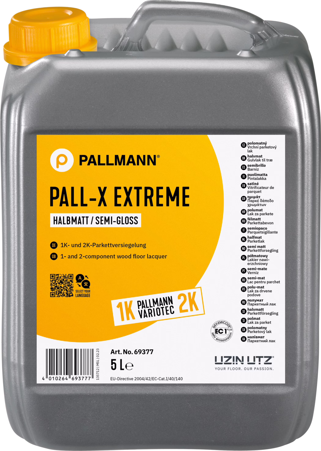 Szary plastikowy kanister 5 l z pomarańczowo‑żółtą etykietą i żółtą korkiem: Pallmann PALL‑X EXTREME lakier do parkietu półpołysk, 1K/2K, producent Uzin Utz; etykieta podaje nazwę produktu, połysk, pojemność i informacje o zastosowaniu.