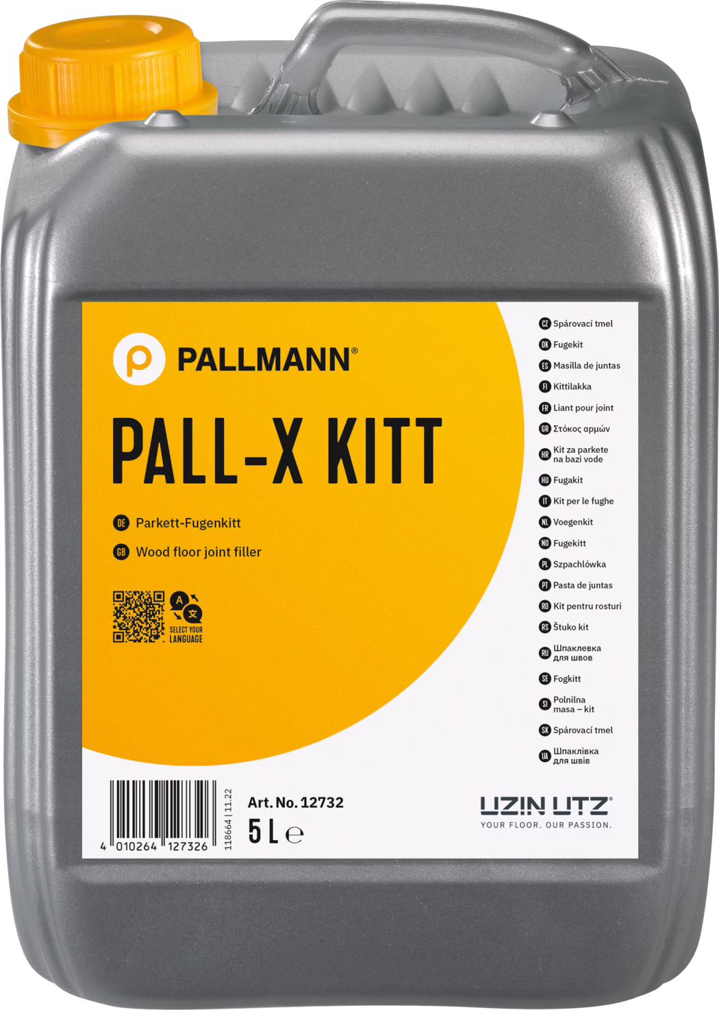 PALLMANN_dummy_Pall-X-Kitt_5l_msl_2021-12 Szary plastikowy kanister o pojemności 5 litrów z żółtym zakręcanym korkiem, przeznaczony do masy do wypełniania szczelin w podłogach drewnianych. Na przedniej stronie znajduje się duża pomarańczowo-biała etykieta z nazwą marki PALLMANN i nazwą produktu PALL-X KITT czarnymi pogrubionymi literami. Na etykiecie widnieją Parkett-Fugenkitt i Wood floor joint filler, kod kreskowy, kod QR, numer artykułu Art. No. 12732 oraz pojemność 5 L, a także logo UZIN UTZ. Kanister ma zintegrowany uchwyt na górze i teksturowaną szarą powierzchnię.