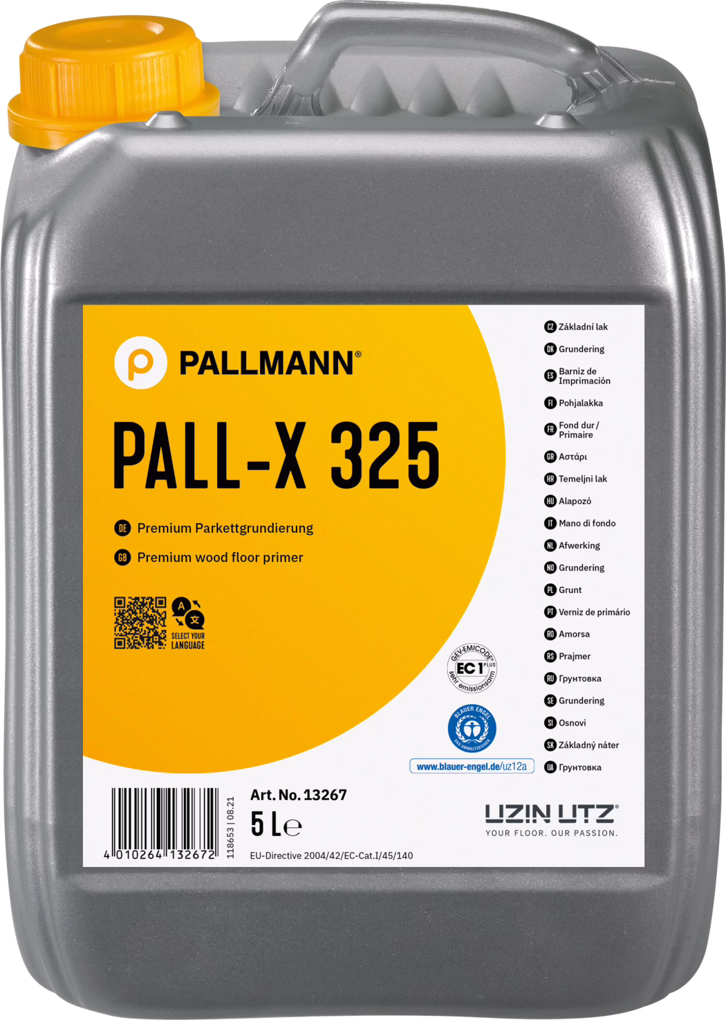 PALLMANN_dummy_Pall-X-325_5l_msl_2021-12 Szara plastikowa kanisterka 5 l z dużą żółtą etykietą 'PALL-X 325', podkład do drewnianych podłóg marki Pallmann; pomarańczowa zakrętka i informacje na etykiecie.