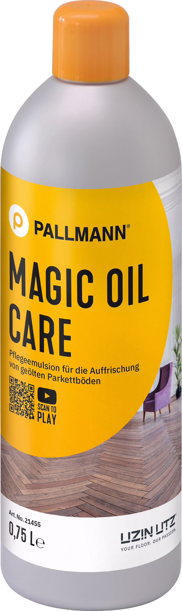 PALLMANN_dummy_MAGIC-OIL-CARE_0,75l_msl_2021-12 Zdjęcie cylindrycznej plastikowej butelki o pojemności 0,75 l marki Pallmann z nazwą 'Magic Oil Care'. Korpus butelki jest matowo jasnoszary, a zakrętka intensywnie pomarańczowa. Na przedniej części znajduje się duża żółto‑pomarańczowa etykieta z nazwą marki 'PALLMANN' i wyraźnym napisem 'MAGIC OIL CARE' oraz niemieckim opisem 'Pflegeemulsion für die Auffrischung von geölten Parkettböden'. Na etykiecie widoczna jest też fotografia jodełkowej podłogi, fioletowy fotel, kod QR z ikoną 'Scan to play', logo Uzin Utz, numer artykułu 21455 oraz pojemność 0,75 L. Zdjęcie jest równomiernie oświetlone i eksponuje szczegóły opakowania.