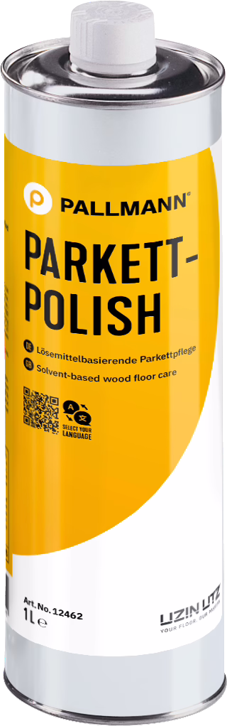 PALLMANN_dummy_Parkett-Polish_1l_msl_2023-10 Wysoka cylindryczna metalowa puszka z jaskrawożółtą etykietą z napisem 'PALLMANN PARKETT-POLISH', białą zakrętką i oznaczeniem 1 l; rozpuszczalnikowy preparat do pielęgnacji podłóg drewnianych.