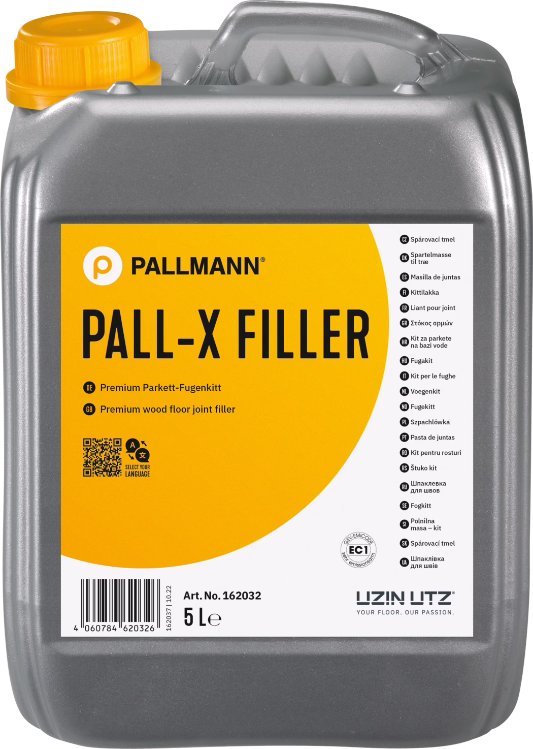 PALLMANN_dummy_Pall-X-Filler_5l_msl_2021-12 Szary plastikowy kanister o pojemności 5 litrów marki Pallmann z preparatem 'PALL‑X FILLER' do wypełniania szczelin w podłogach drewnianych. Intensywnie pomarańczowa etykieta i pasująca pomarańczowa zakrętka. Na przedniej etykiecie widoczne są logo PALLMANN, duża nazwa produktu 'PALL‑X FILLER', informacja o produkcie jako premium do wypełniania szczelin parkietowych, kod QR, kod kreskowy, numer artykułu 162032 oraz oznaczenie pojemności '5 L'. Po prawej stronie etykiety lista tłumaczeń nazwy produktu na wiele języków. Kanister posiada wbudowaną rączkę i teksturowaną szarą powierzchnię.
