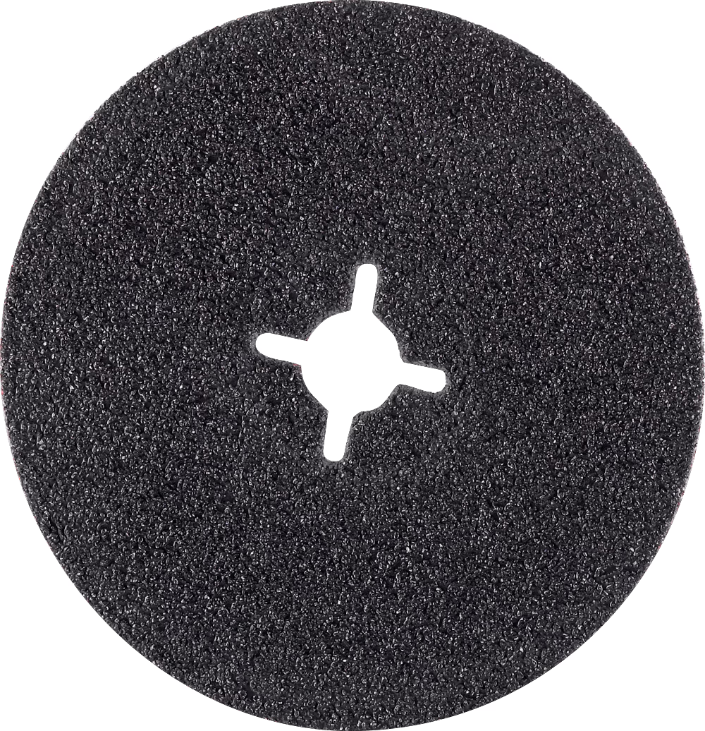 PALLMANN_dummy_silicium-carbid-velcro-disc-178mm-with-hole_msl_2021-12 Zbliżenie na okrągłą czarną tarczę ścierną o szorstkiej, ziarnistej powierzchni. Tarcza jest wyśrodkowana na białym tle i ma charakterystyczny gwiaździsty otwór montażowy z kilkoma wypustkami do szybkiego montażu na adapterach narzędzi oscylacyjnych lub obrotowych. Powłoka ścierna pokrywa całą widoczną powierzchnię, dając chropowatą, lekko refleksyjną fakturę; krawędzie są równe, a element wygląda na nieużywany i nienaruszony.