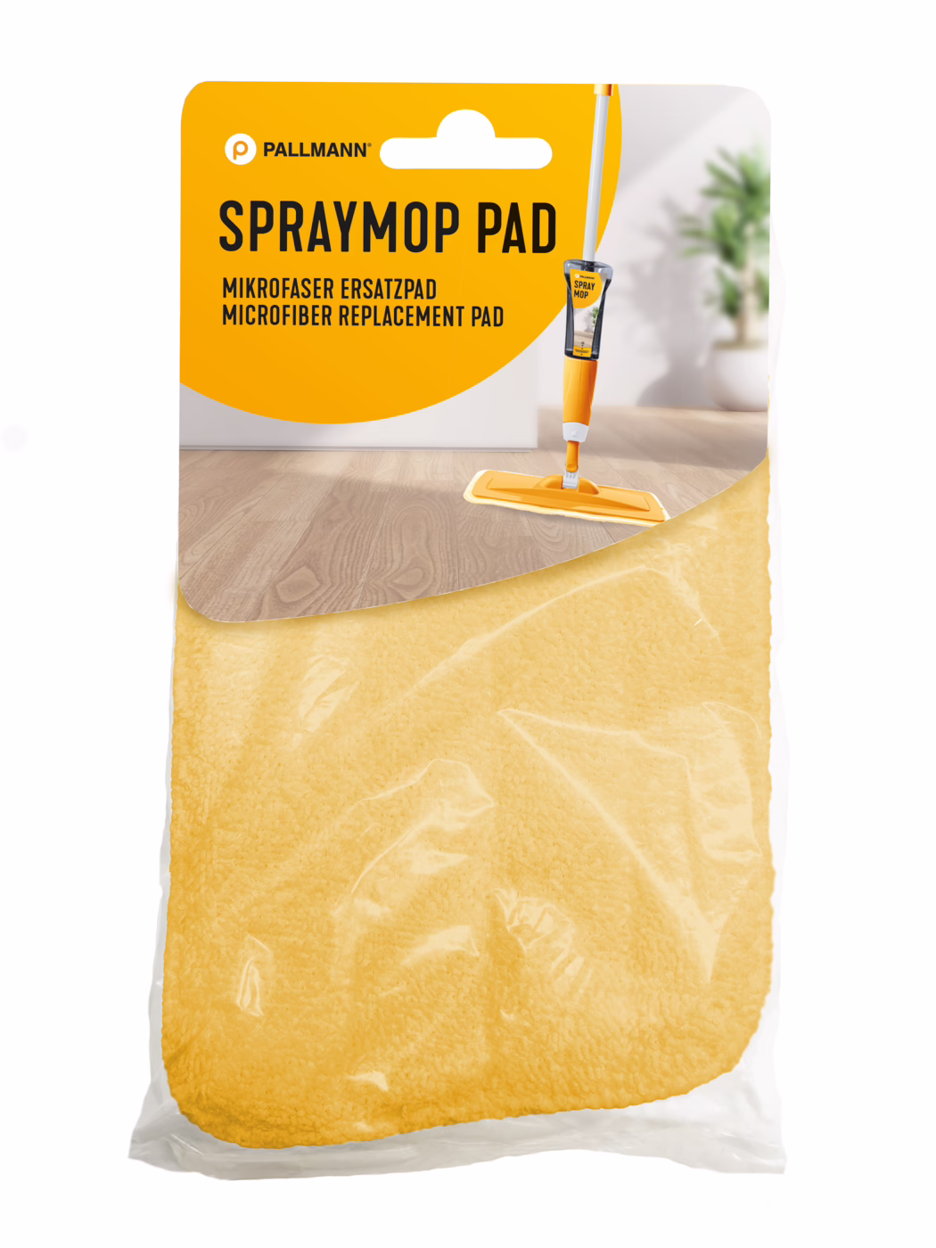 Żółta mikrofibrowa nakładka zapakowana do sprzedaży detalicznej, przeznaczona do spraymopa marki Pallmann. Pomarańczowo-biała część opakowania zawiera napis 'SPRAYMOP PAD' i obrazek pomarańczowego mopa na drewnianej podłodze; żółta nakładka jest widoczna przez przezroczysty plastik. Jasne, czyste wnętrze z rozmytą rośliną doniczkową w tle.