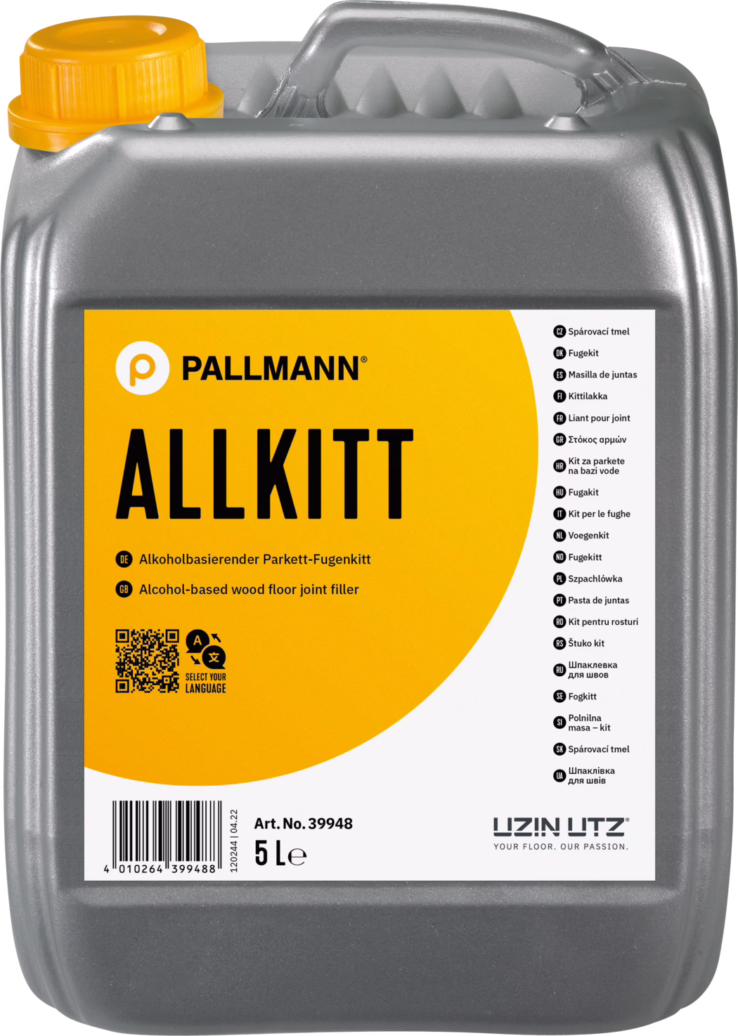 PALLMANN_dummy_Allkitt_5l_msl_2022-08 Metalicznie szary plastikowy kanister o pojemności 5 litrów z jaskrawym pomarańczowym etykietą z napisem 'ALLKITT' i logo Pallmann. U góry po lewej znajduje się żółta zakrętka, na górze zintegrowany uchwyt oraz wytłoczone żeberka na barku. Etykieta zawiera informacje o produkcie w kilku językach, QR‑kod, kod kreskowy, numer artykułu 'Art. No. 39948' i pojemność '5 L'. Produkt opisany jest jako alkoholowa masa do fug podłogowych. Po prawej stronie etykiety znajduje się lista tłumaczeń na wiele języków, a w prawym dolnym rogu logo UZIN UTZ. Powierzchnia kanistra ma lekko fakturowane, metaliczne wykończenie i zaokrąglone rogi.