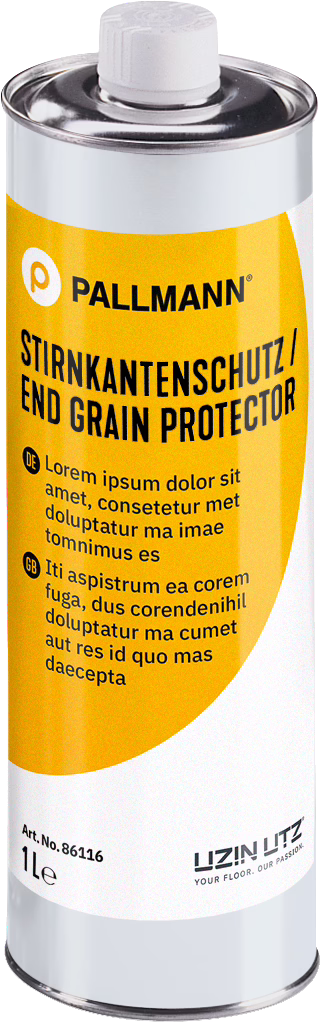 PALLMANN_dummy_END-GRAIN-PROTECTOR_1l_msl_2021-12 Cylindryczna metalowa puszka o pojemności 1 litra z żółtą etykietą z napisem 'Pallmann Stirnkantenschutz / End Grain Protector', białą zakrętką i czarnym tekstem; produkt do ochrony czołówek drewna przy impregnacji podłóg. Nazwa marki i logo producenta widoczne u dołu.