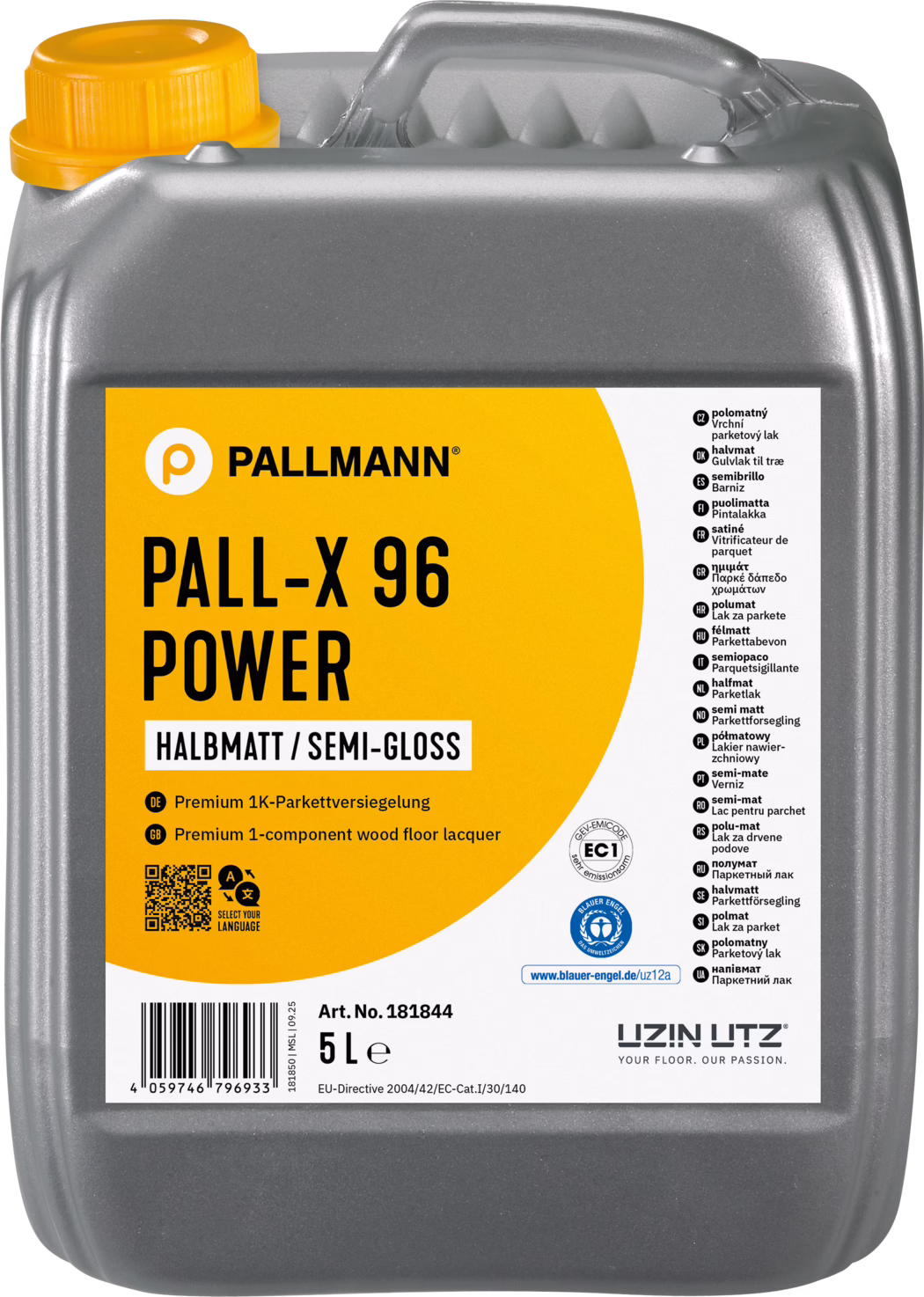 PALLMANN_dummy_Pall-X-96-Power_halbmatt_5l_msl_2026-01 Duży szary plastikowy kanister o pojemności 5 litrów z lakierem do parkietu Pallmann PALL‑X 96 Power. Prostokątny pojemnik ma wbudowaną rączkę u góry, żółtą zakrętkę i pomarańczowo-białą etykietę z napisem 'PALL‑X 96 POWER' i 'HALBMATT / SEMI‑GLOSS'. Etykieta zawiera wielojęzyczne instrukcje i symbole, kod kreskowy, numer artykułu (Art. No. 181844) oraz logo producenta UZIN UTZ. Zdjęcie produktowe na białym tle ukazujące wyraźnie kształt, etykietę i pojemność.