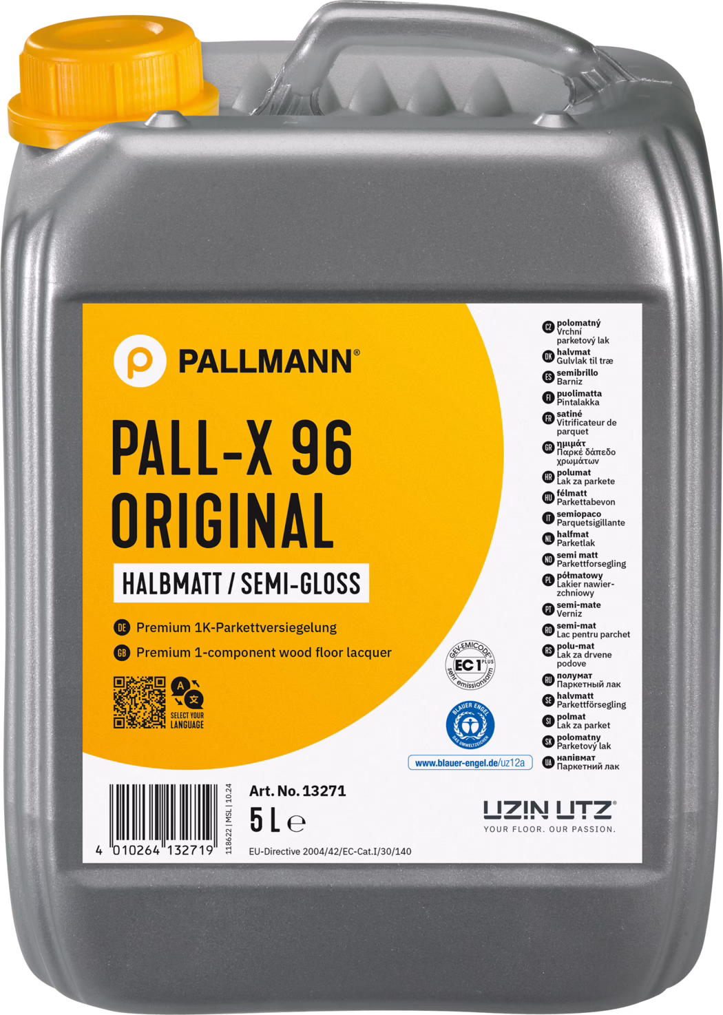 Szary plastikowy kanister o pojemności 5 litrów marki Pallmann: PALL-X 96 Original, półmatowy lakier do podłóg drewnianych. Prostokątny pojemnik z uchwytem u góry i żółtą zakrętką; etykieta jest pomarańczowa z czarnym napisem 'PALL-X 96 ORIGINAL' oraz białym polem z wielojęzycznymi informacjami i znakami certyfikacji (m.in. Blauer Engel). Na etykiecie widnieje 'Halbmatt / Semi-Gloss', 'Premium 1-component wood floor lacquer', numer artykułu 13271, kod kreskowy i '5 L'. Przeznaczony do ochrony i wykończenia podłóg drewnianych; lakier jednoskładnikowy na bazie wody do użytku profesjonalnego i domowego. Powierzchnia i kształt kanistra wykazują typowe ślady produkcji; odpowiedni do aplikacji pędzlem, wałkiem lub maszyną.