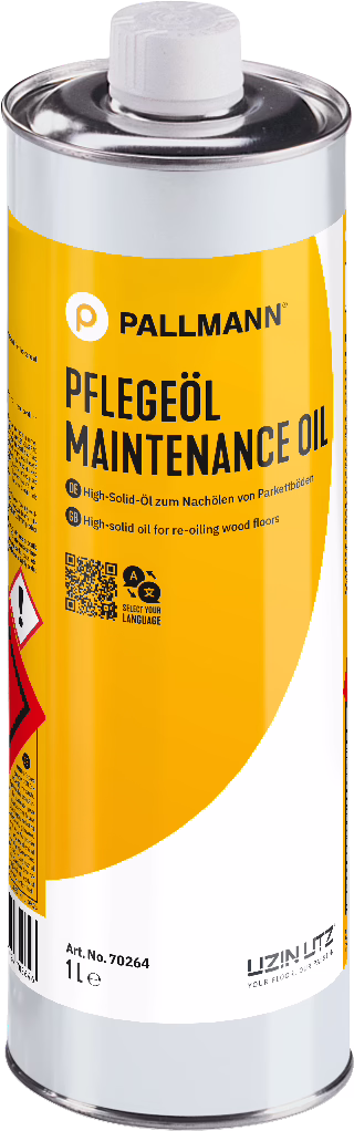 PALLMANN_dummy_MAINTENANCE-OIL_1l_msl_2025-09 A tall 1-litre metal can of Pallmann maintenance oil with a bright yellow label and a white screw cap. The label prominently displays the brand name 'PALLMANN' and the product name 'PFLEGEÖL / MAINTENANCE OIL', with small text in German and English describing it as a high-solid oil for re-oiling wood floors. The cylindrical tin has silver top and bottom rims, clear product branding, a QR code and a small red hazard pictogram visible on the side.