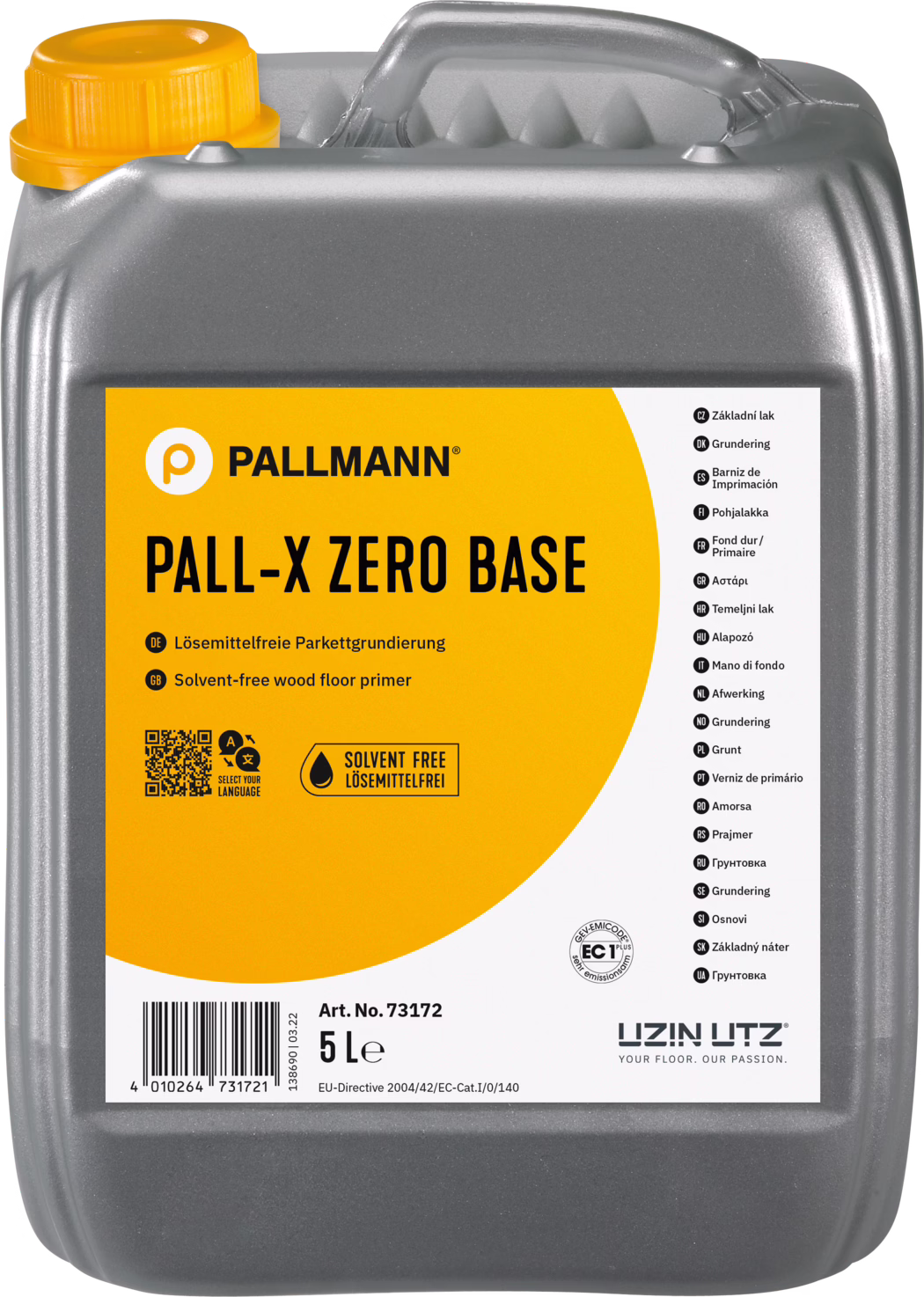 PALLMANN_dummy_Pall-X-Zero-Base_5l_msl_2021-12 Szary plastikowy kanister 5 l marki Pallmann 'PALL-X ZERO BASE', bezrozpuszczalnikowa grunt do podłóg drewnianych, duża żółta etykieta z czarnym napisem i pomarańczowym korkiem.
