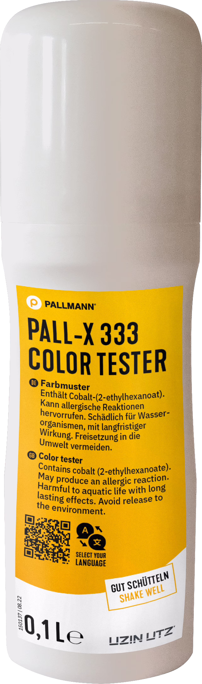 Close-up product photograph of a small cylindrical white plastic bottle with a rounded cap and a glossy surface. A bright yellow rectangular label wraps around the lower two-thirds of the bottle and prominently displays the brand name 'PALLMANN' and the product name 'PALL-X 333 COLOR TESTER' in large black letters. The label includes bilingual safety text in German and English warning about cobalt (2-ethylhexanoate), possible allergic reactions and long-term harm to aquatic life, a QR code, a language selection icon and a boxed instruction reading 'GUT SCHÜTTELN / SHAKE WELL'. The bottom of the label shows the volume marking '0,1 L' and the manufacturer name 'UZIN UTZ'. The image is well lit with visible reflections on the plastic cap, a neutral light background, and the bottle is photographed upright and centered, suitable for product presentation or e-commerce use.